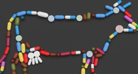 Brightly colored pills shaped into a cow